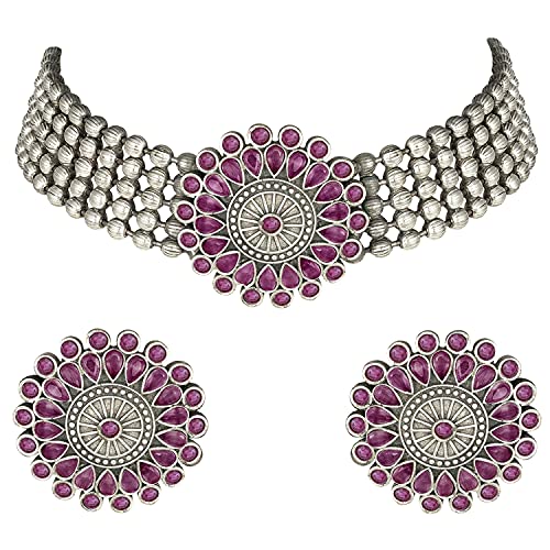 Peora Oxidised Silver Plated Rani Pink Crystal Beaded Choker Necklace Antique Jewellery Set for women (B0999P2ZBL) Amazon Price History, Amazon Price Tracker
