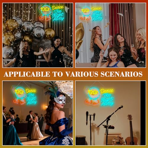 Image of Music Neon Sign Dance The Night Away Neon Disco Ball Light Up Retro Design for Theme Party Bar Dance Vintage Wall Decor Dimmable LED Music Light for Vintage Style Lovers and Dancers