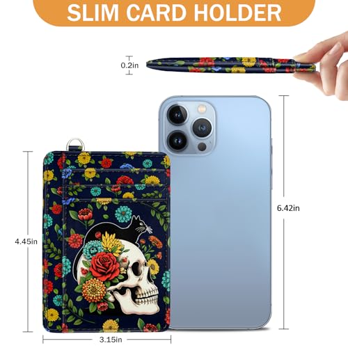 Image of Yonlevres Cat Skull Credit Card Holder Slim RFID Wallet Women Small Travel | Front Pocket, Handy, RFID Blocking, Woman Girls Ladies Gifts, D-ring for Keychain,Thin Mini Card Case, ID Window, PU Leather
