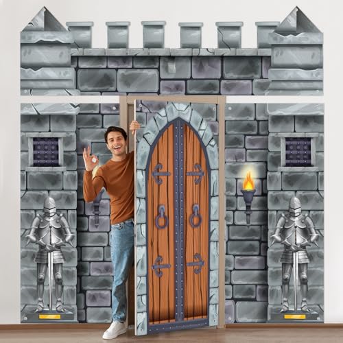Image of VitalCozy 4 Pcs Castle Decorations 6.5 x 3 ft Medieval Party Castle Backdrop Door Medieval Door Covers Themed Party Supplies Wall Halloween Decor Entrance Decoration