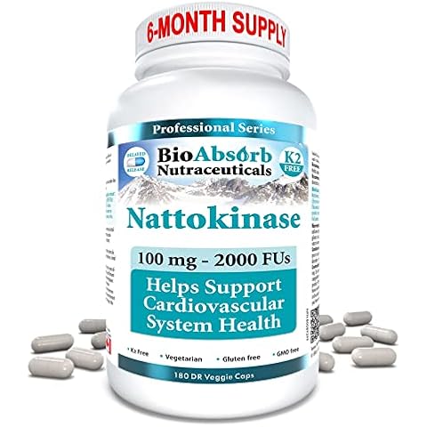 Bio Absorb Nattokinase Supplement. 100 mg, 2000 FUs. 6-Month Supply. Non-GMO Natto Extract Enzyme (180 Veggie Caps) Cover