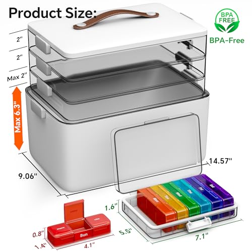 Image of CTIME 4-Tier XL Medicine Organizer with Leather Handle - Portable Pill Case & Empty First Aid Kit for Home, Travel, RV, School, Dorm | Ideal Elderly Gift