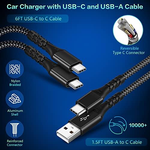 Car Charger,43W USB C Car Charger[USB C +USB A ]25W PD Fast Charge,Cigarette Lighter Adapter with 6FT C Cable and 1.5FT Type C Cable Work for Samsung S22 S21 iPhone 12 11 Pro Max Mini XR X 8