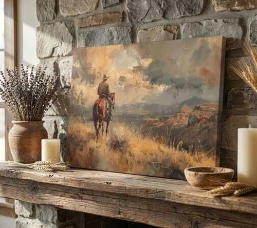 Image of WBNJXNZ Western Cowboy Riding Horse Canvas Wall Art Cowboy Wall Decor Pictures wilderness Landscape Painting Print Vintage Artwork for Living room bedroom country Home decoration 12x16in