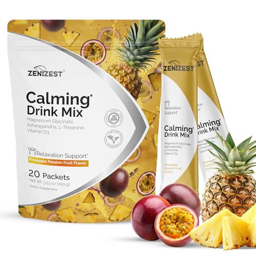 Image of Calming Drink Mix Powder - Natural Cortisol Balance Calm Sleep Stress Support Supplement with Magnesium Glycinate Ashwagandha L-Theanine Vitamin D3 - Pineapple Passion Fruit Flavor 20 Packets
