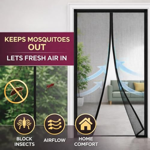Image of Divayanshi Magnetic Mosquito Door Net 210x100 cm Black, Heavy Duty Fiberglass Mesh Screen with 18 Powerful Magnets, Automatic Closure, Washable Curtain & Self Adhesive Velcro Tape