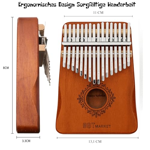 Vintage Kalimba Set – 8-teiliges Fingerklavier Musikinstrument mit 17 Tasten – inkl. Tasche, Stimmhammer & Zubehör – aus Massivholz –Klaviergeschenk für Erwachsene, Kinder, Anfänger (Vintage Braun)