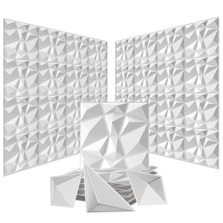 Swehooirt 100 Pack 3D Wall Panels Diamond Design Decorative, 97 Sq.Feet PVC Interior Décor, 11.8"x11.8", White Sound Proofing Panels for Living Room Gaming Room Decor Bathroom Ceiling Tiles