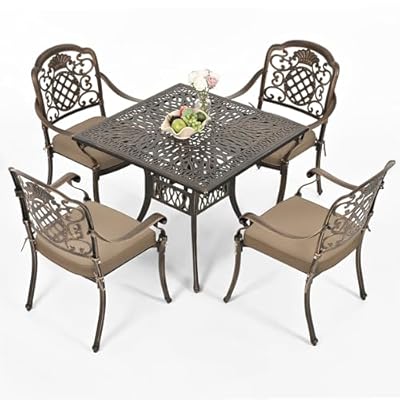 Pamapic 5-Piece Patio Dining Set,Outdoor Cast Aluminum Furniture Set with Vintage Table Top,Outdoor Furniture Set with 4 Outdoor Stackable Chairs for Patio Garden Poolside (with 4 Cushion,Bronze)