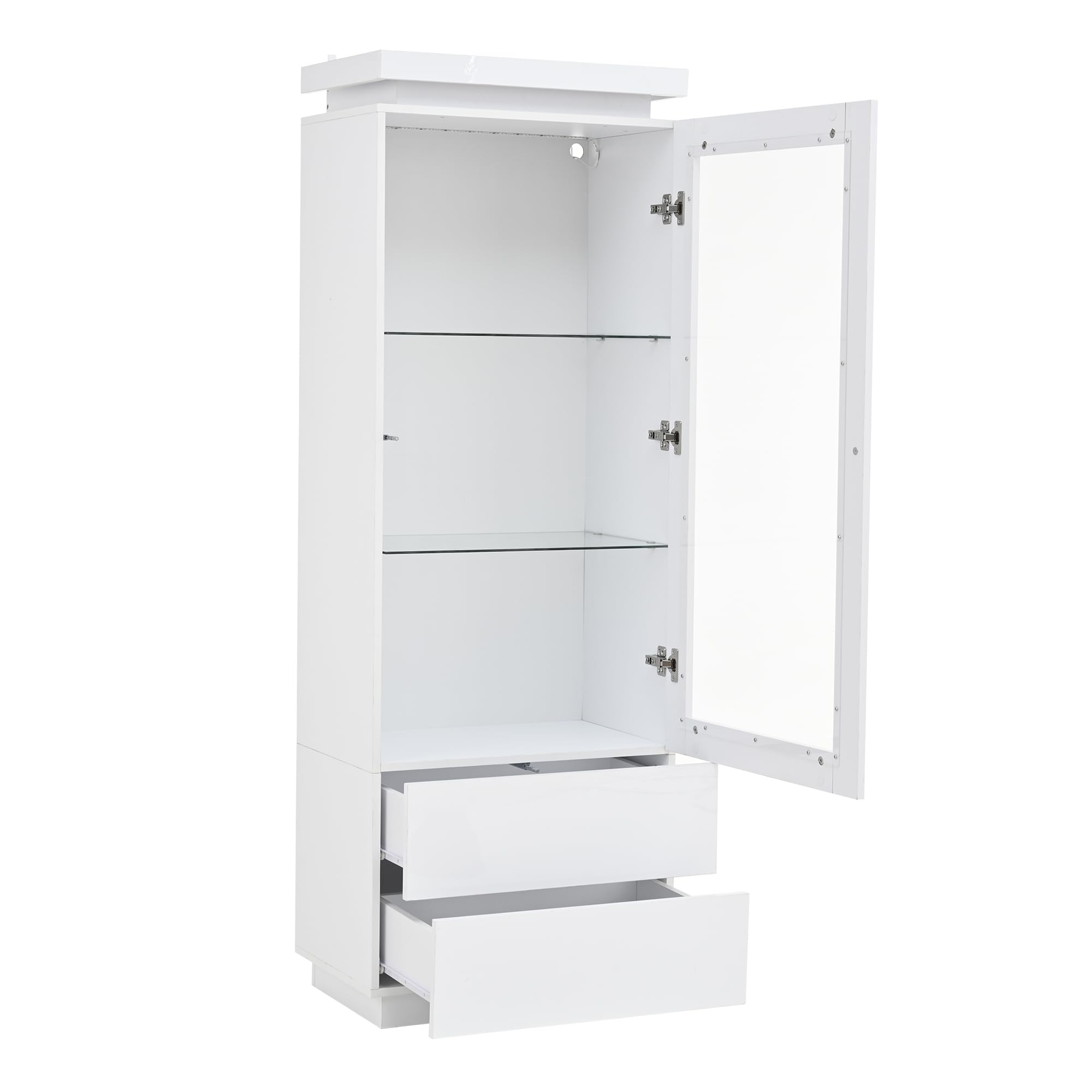 60 x 40 x 171 cm, armario alto con 2 cajones, brillante, vitrina de cristal con LED, armario para el salón, con puertas de cristal y puerta plegable, color: blanco