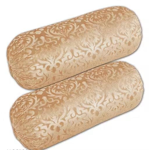 Bolster Covers, Damask Pattern, Velvet Fabric, Cylindrical Shape, Set of 2 (Beige)-image-11