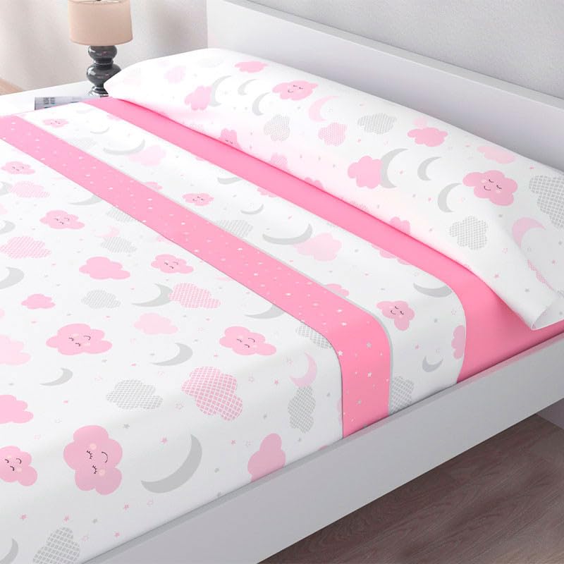 Rufino Díaz Juego Sábanas 3 Piezas Verano Infantil Nubes - Rosa, 90 cm