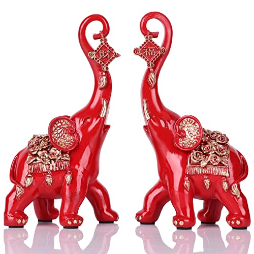 Red Elephant Statues Home Decor, A Pair Red Lucky Elephant Statue and Sculpture Decorativos para Sala, Elephant Gifts for Women - for Living Room Tv Stand, Entry Table Office Ornament