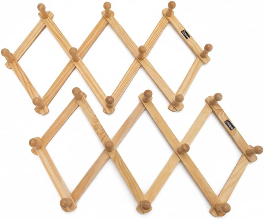 Wooden Expandable Accordion Wall Hanger, Natural Pine Wood, Adjustable Pegs, Rustic Farmhouse Style, for Coat Hat Towel Storage