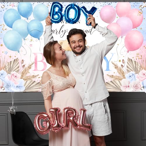 Image of Avezano Boho Bear Gender Reveal Backdrop Banner Boho Floral We Can Bearly Wait Gender Reveal Decorations Pampas Grass He or She Baby Shower Party Decor (6x3.6ft)
