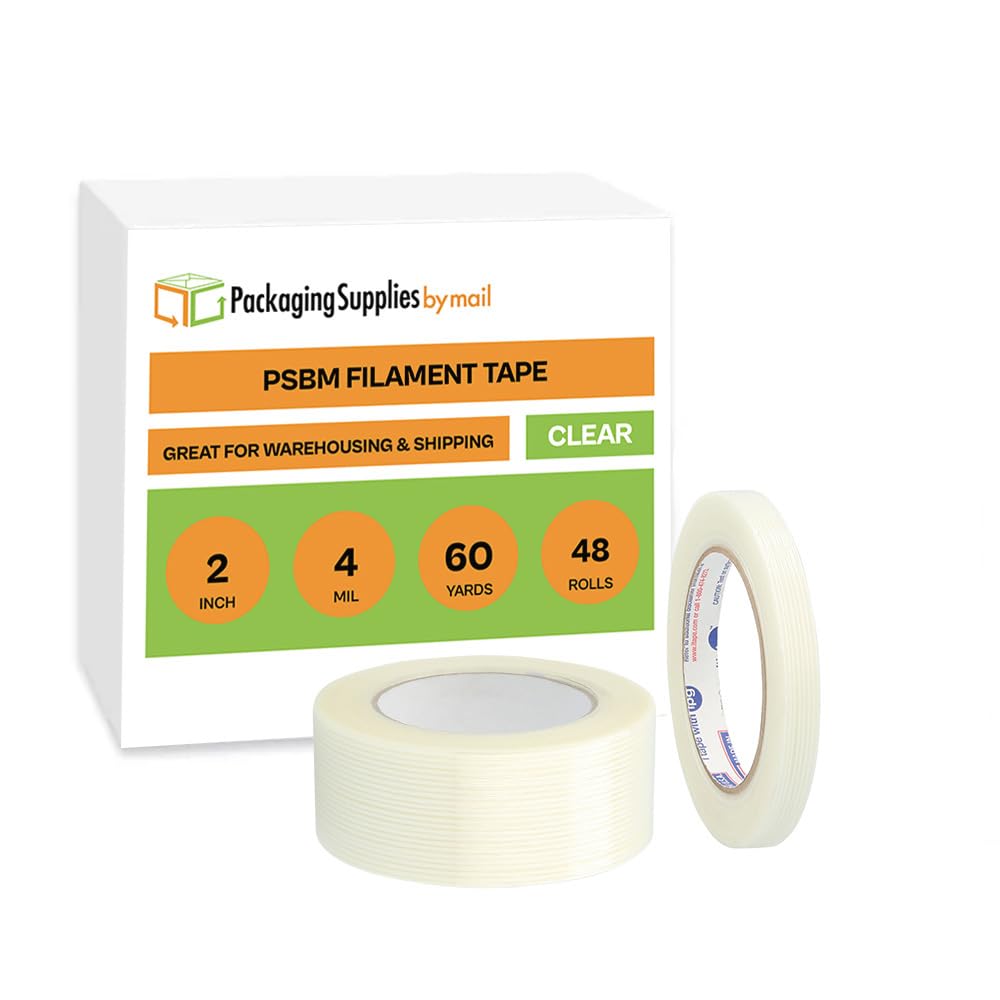 PSBM Filament Tape, Medium Grade, 2 Inch x 60 Yards, 48 Pack, Tensilized Fiberglass Strand Tape for Bundling Palletizing Reinforcing