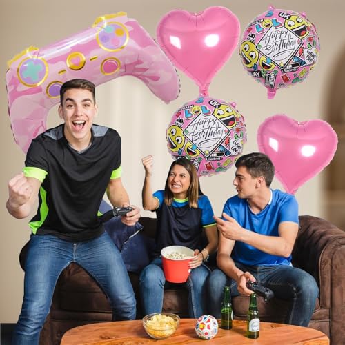 Image of Rozi Decoration Pink Birthday Balloon Set - 5 Pcs Includes Heart, Round & Gamepad Foil Balloons for Kids, Teens & Birthday Party Decorations