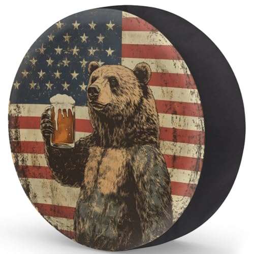 Image of Spare Tire Cover Bear American Flag Wheel Covers Protectors Waterproof Dust-Proof Universal Fit Trailer, RV, SUV and Many Vehicle (17 inch for tire Diameter 31.49 inch-32.67 inch)