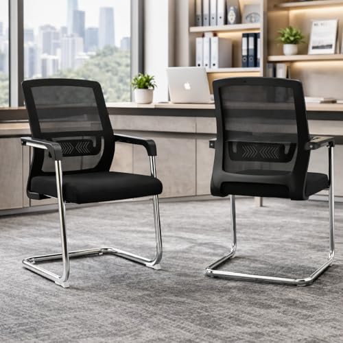 Image of MLU Ergonomic Mesh Office Guest Chair Set of 2 with Lumbar Support, Metal Cantilever Frame, Breathable Back, Cushioned Seat, Visitor /Conference Chair (Black)