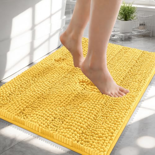 Image of OLANLY Thick Small Bathroom Rugs 24x16, Extra Soft Absorbent Chenille Striped Bath Rugs, Rubber Backing, Machine Wash, Bath Mats for Bathroom Floor, Tub and Shower, Home Decor Accessories, Yellow