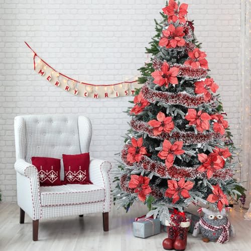 15 Pieces Christmas Glitter Poinsettia with Clips Christmas Poinsettia Decorations Artificial Poinsettia Flowers Ornament Christmas Flowers for New Year Wedding Home Decoration 8.7inch/22cm Red