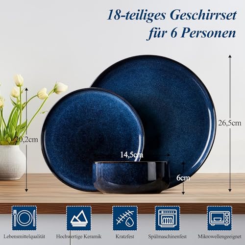 Joyfair Geschirrset 6 Personen, 18-tlg Steinzeug Tafelservice Set, Kratzfest Reaktive Glasur Geschirr Set mit Speiseteller, Dessertteller, Müslischalen, Mikrowellen- & Spülmaschinenfest, Tiefsee Blau