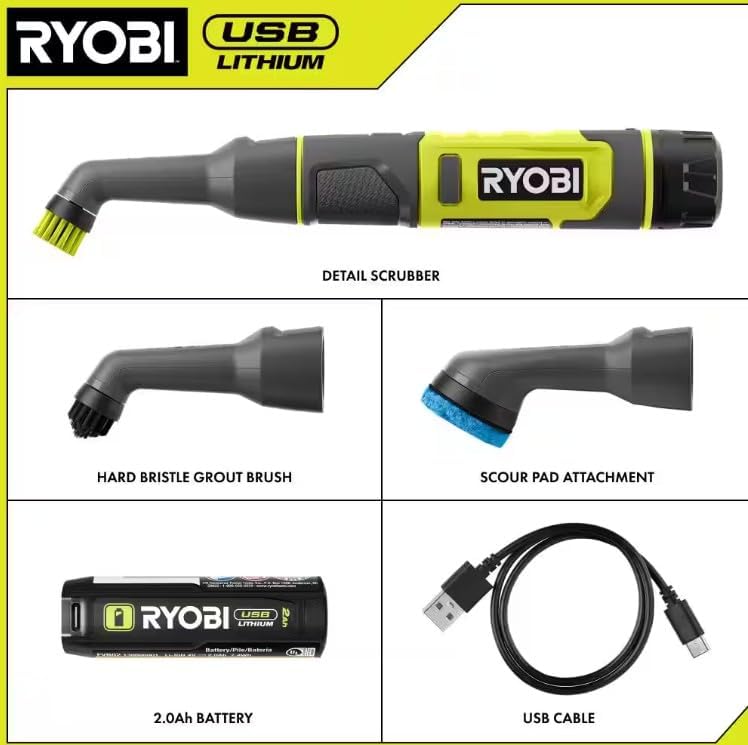RYOBI USB Lithium Cordless Compact Detail Scrubber KIT W/ 2AH Battery, Charging Cable and 3