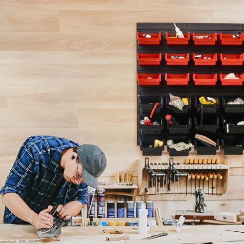 VEVOR Wall Mounted Storage Bins, 48-Bin Parts Rack Organizer Garage Plastic Shop Tool with Wall Panels, Tool Organizer for Nuts, Bolts, Screws, Nails, Beads, Buttons, Other Small Parts, Black and Red 8 VEVOR Wall Mounted Storage Bins, 48-Bin Parts Rack Organizer Garage Plastic Shop Tool with Wall Panels, Tool Organizer for Nuts, Bolts, Screws, Nails, Beads, Buttons, Other Small Parts, Black and Red - Image 8