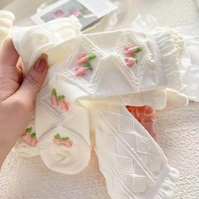 Image of 4 /5 Pack Cute Womens Floral Socks, Cotton Vintage Embroidered Casual Crew Socks, Girly Cottagecore Tulip Dress Socks