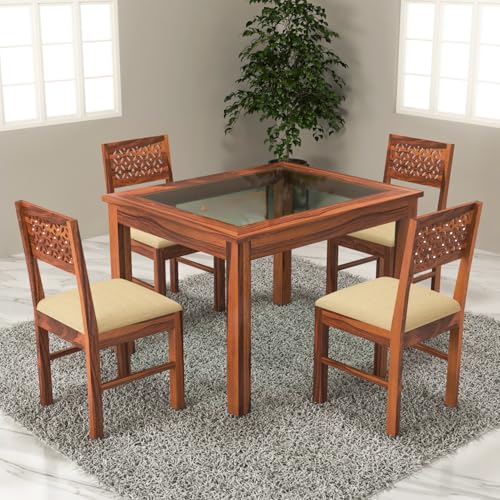 Image of Solid Sheesham Wood Dining Glass Top Table Set of 4| Wooden 4 Seater Dining Table with 4 Chairs with Cushion|Wood Dining Table & Chairs for Home, Restaurant, Dining Room |Honey Finish