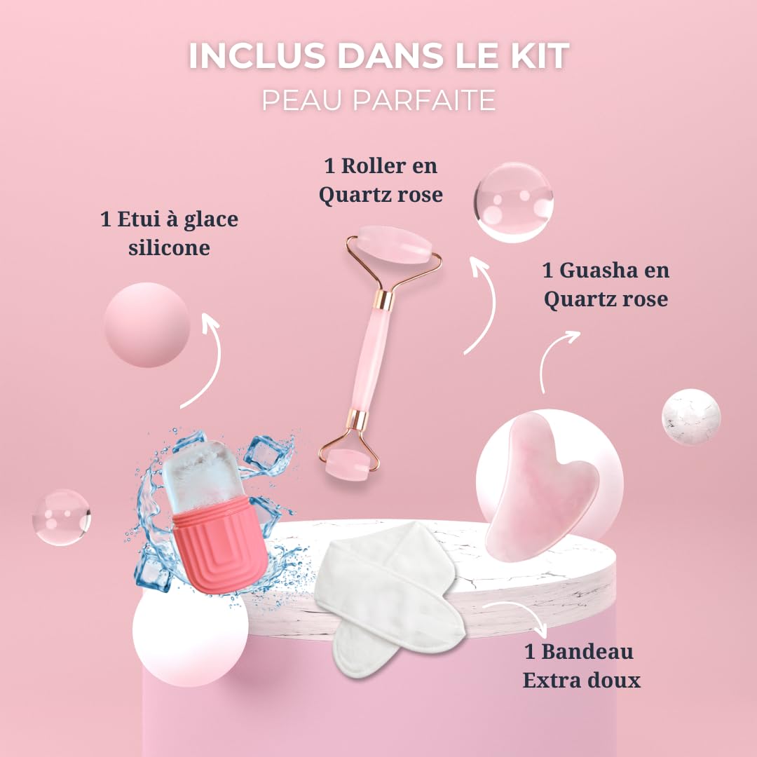 Kit Peau parfaite Gua Sha & Roller Double face LIFEO – Résultat visible en 7 jours ! Quartz Rose Véritable + Moule Glaçon Visage – Massage Anti-Âge, Drainage Lymphatique & Éclat Naturel –