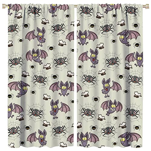 INSFBRB Cartoon Animal Bat Blackout Curtains for Bedroom - Halloween Cute Bat Funny Spider Print Window Drapes,Rod Pocket Room Darkening Curtains 2 Panels 45L x 21W