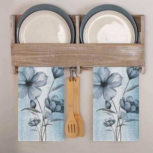 Image of Spring Floral Kitchen Towels, Blue Ombre 18x28 Inch Soft Kitchen Dish Cloth, Retro Flowers Home Decor Cotton Linen Tea Towels /Bar Towels /Hand Towels 4 PCS