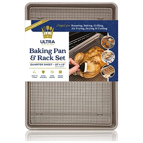 Quarter Baking Sheets with Rack Set by Ultra Cuisine - Quarter Sheet Pans for Baking - Wire Rack Baking Sheet - Nonstick Cooking Sheets and Baking Cooling Rack - Cookie Sheets for Baking 13"x9"x1" Cover