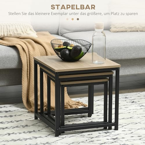 HOMCOM 3er-Set Couchtisch Quadratischer Beistelltisch, Sofatisch mit Stahlrahmen, Kaffeetisch, Satztisch mit Holzoptik, Wohnzimmertisch im Industriedesign, Natur – Bild 6