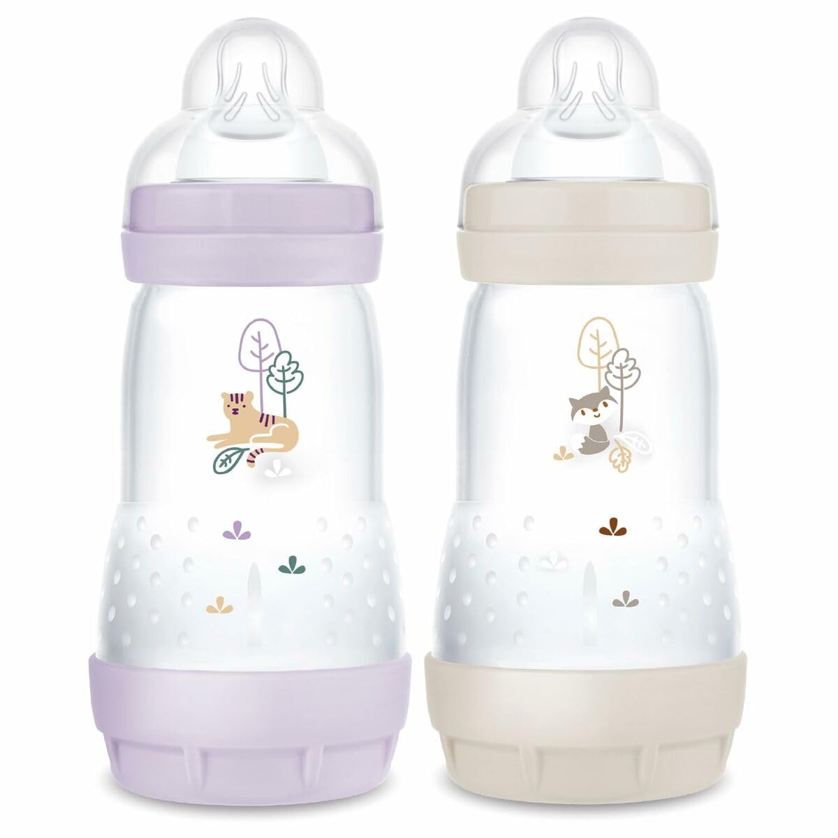 MAM 2 biberon Easy Start Anti-Colica 2+ mesi flusso medio (2 x 260 ml) lilla + sabbia - Biberon per ridurre le coliche e il disagio del bambino - Biberon per l'allattamento