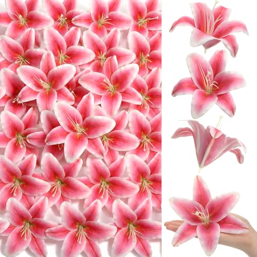 Suncalla 30 Pack Large Artificial Lilies Flower Heads with Realistic Stamens 5.9 Faux Fake Lily Flower Heads Bulk for DIY Crafts Cake Wedding Bridal Wreaths Table Home Party Decor(Dark Pink)