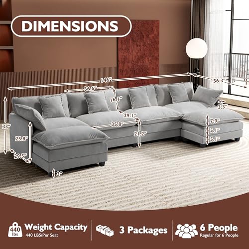 Image of Ihanherry 146 inch U-Shaped Modern Sofa Modular Sectional Cloud Couch with 2 Ottoman, 6-Seat Chenille Deep Seat Sofa with 6 Pillows for Living Room, Bedroom and Apartment, Grey