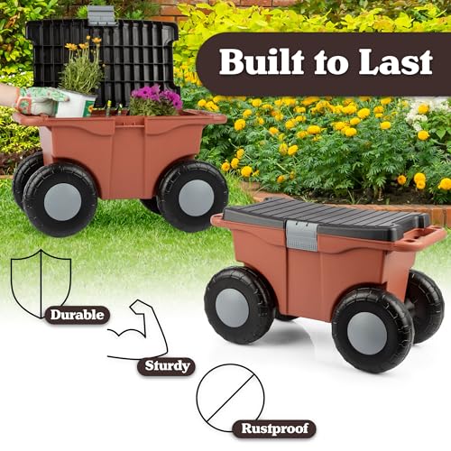 Image of Pure Garden Rolling Garden Cart with Seat - Plastic Storage with Bench and Tool Tray - Gardening Stool for Weeding or Planting (Terracotta)