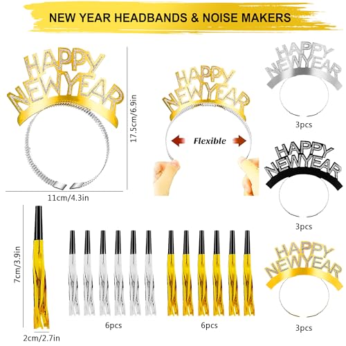 Erweicet New Year Party Supplies Kit 2025, 41 Pcs Party Favors with Black, Gold, Silver Hats, Headbands, Glasses, and Noise Makers - Thumbnail 4