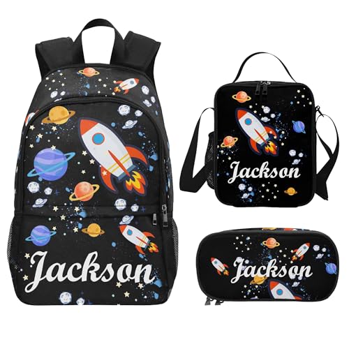 Customized Backpack with Name Personalized Space Rocket Print Backpack, Preschool Elementary boys Bookbags for Bag Back to School, Travel Daypack Shoulder