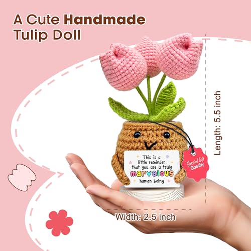 Image of Gossby Handmade Positive Tulip Flower Crochet - This is A Little Reminder - Inspirational Gift for Women - Thank You, Appreciation, Positive Gift for Teacher, Mom, Friend, Coworker - Knitted Decor