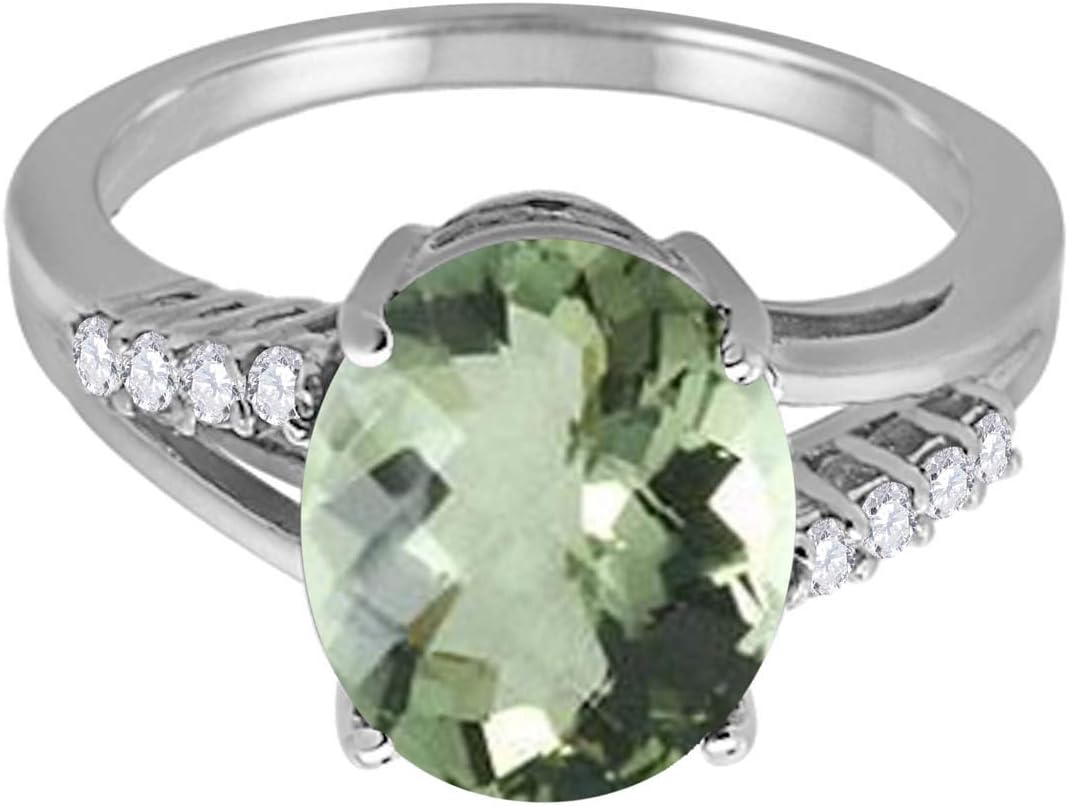 MauliJewels 3.3 Carat Oval Green Amethyst and Diamond Ring for Women in 10K White Gold, Birthstone Engagement Promise Anniversary Cocktail Jewelry