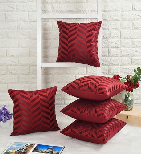 Image of TEXIVA Premium Velvet Cushion Covers Set of 5, 16x16 Inch Sofa Cushion Covers with Hidden Zipper, Modern Chevron Pattern - Red