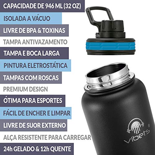 Garrafa Térmica Sport Vibets Hydro USA com Parede Dupla Isolada a Vácuo, 946 ml (Preta/Azul)