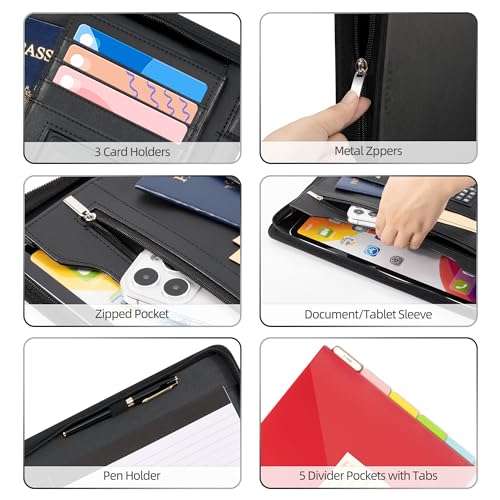 Image of Ospelelf Zippered Padfolio Portfolio Folder, Leather Clipboard with Storage, 3 Ring Binder 1 Inch,12.1 inch Tablet Sleeve, 5 Dividers with Pocket, Refillable Notepad, Card Slot (Classic Black)