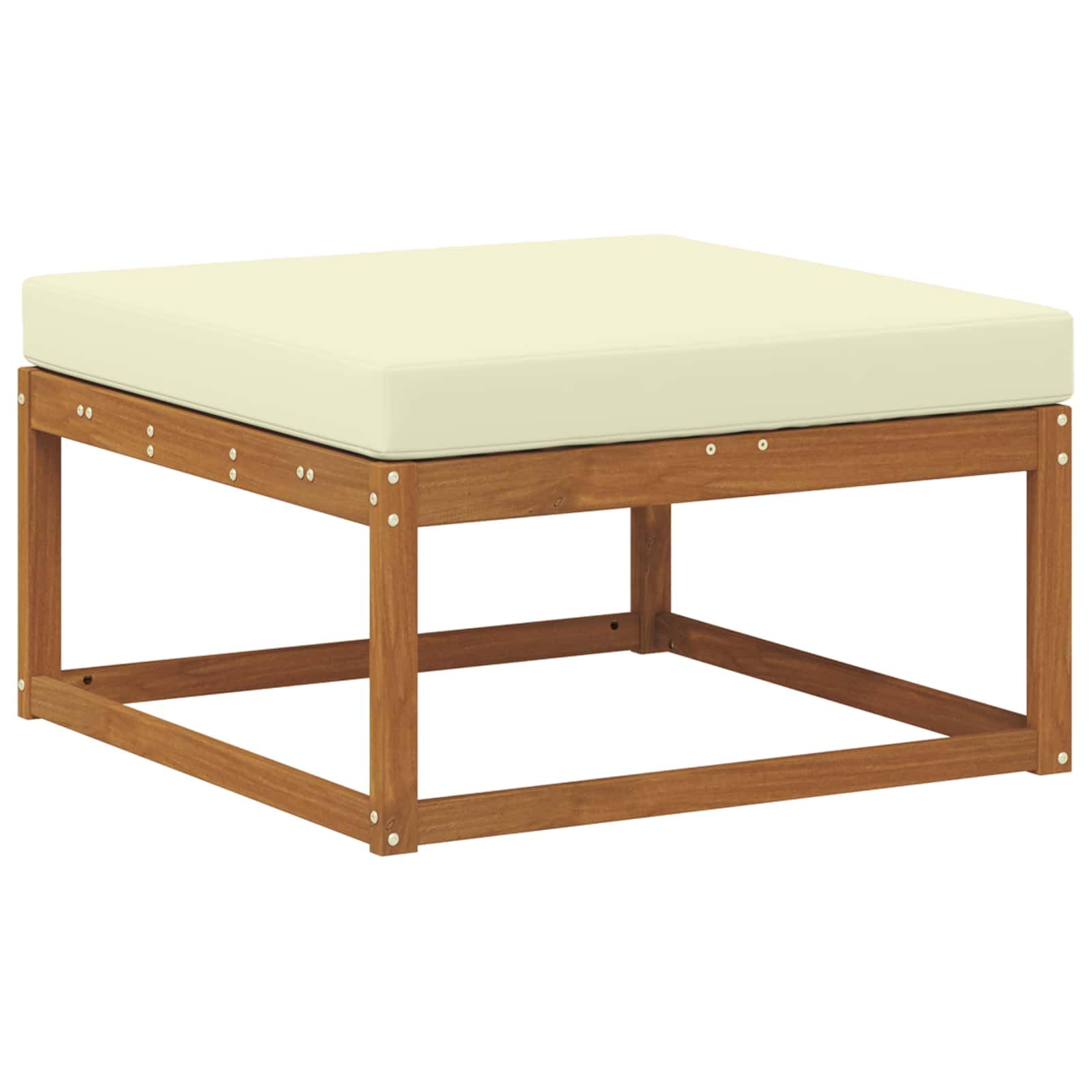 Outdoor-Sofagarnitur mit Kissen 6-teilig aus massivem Akazienholz Natur und Creme, wetterbeständig, mit Tisch, Hocker und modularer Sitzgruppe für Garten und Patio