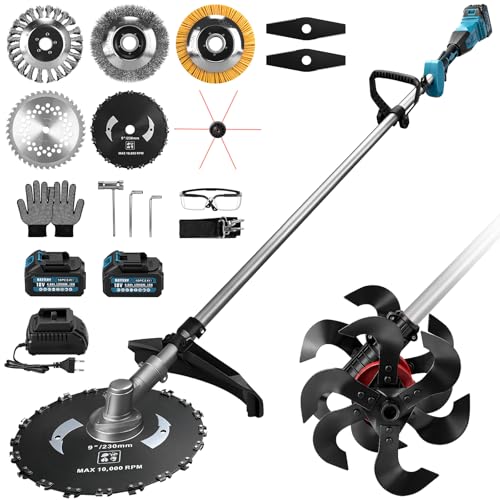 2 en 1 azada de suelo y desbrozadora con batería compatible con 2 baterías de 4 Ah, motoazada con batería con 25 cm de ancho de trabajo y profundidad de trabajo de 23 cm, 12 cuchillos resistentes a la
