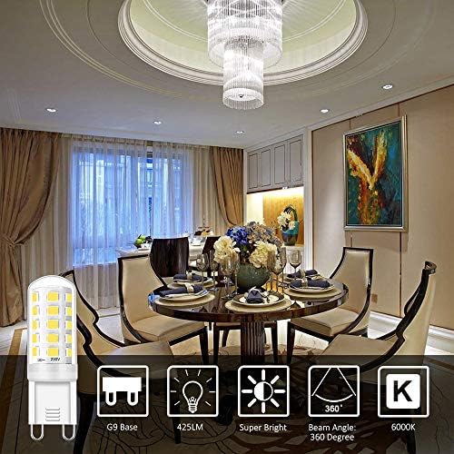 G9 LED Bulbs Cool White, 3W Equivalent to 40W, LED G9 Light Bulb 6000K, CRI>85, 425LM, AC 220V - 240V, Non-dimmable, No Flicker, G9 Capsule Lamps for Crystal Ceiling Lights, 10-Pack Viaus