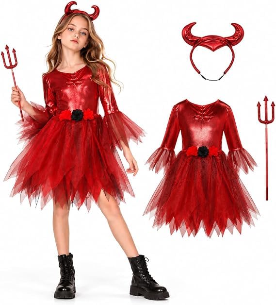 Girls Devil Costume Halloween, Devil Fancy Dress Costume with Red Dress, Horn Headband & Trident, Kids Halloween Party Outfit for Girls, 3-12 Years